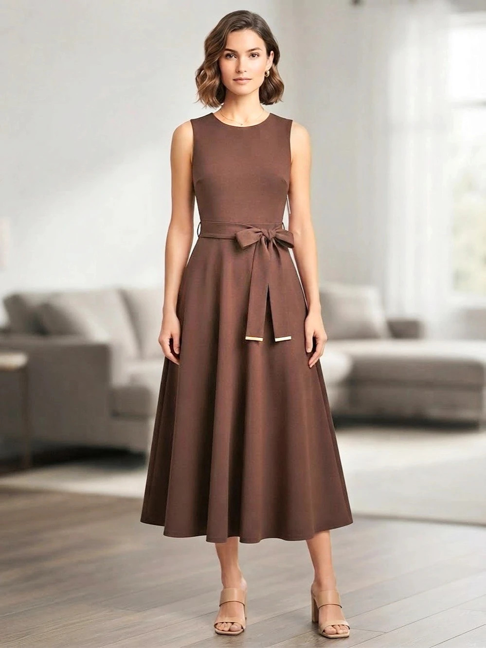 Calvin Klein Self Belt A-Line Midi Dress Brown Size 8